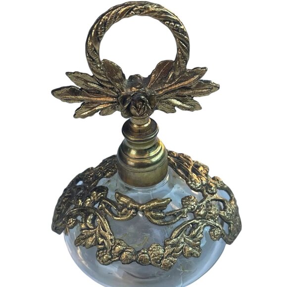 Vintage Ornate Brass & Glass Perfume Bottle With Floral Design - Picture 5 of 6